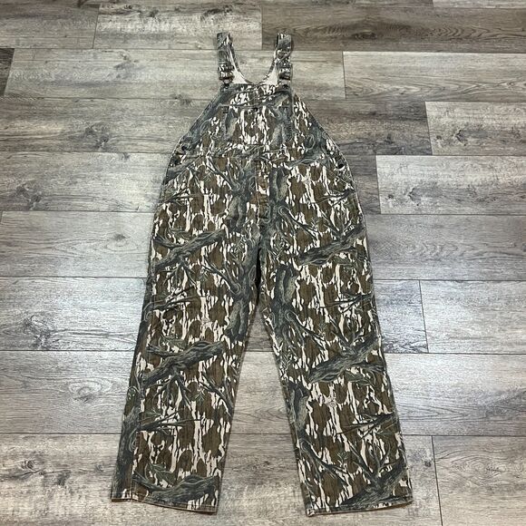 Vintage 80s 90s Mossy Oak Camo Overalls Bibs Hunting Made in USA Men's XL - Picture 1 of 10
